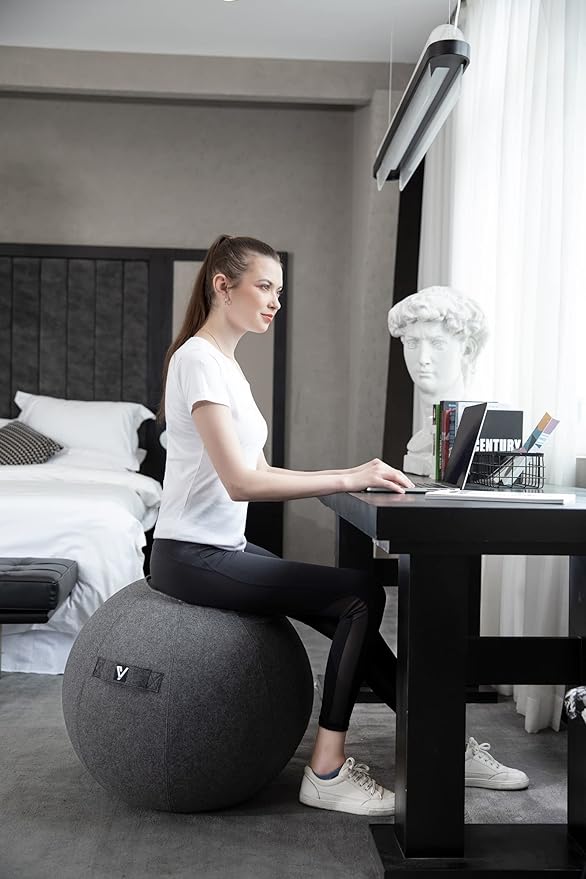 Sitting Ball Chair for Office and Home, Pilates Exercise Yoga Ball with Cover for Balance, Stability and Fitness, Ergonomic Posture Exercise Ball Seat with Handle and Pump