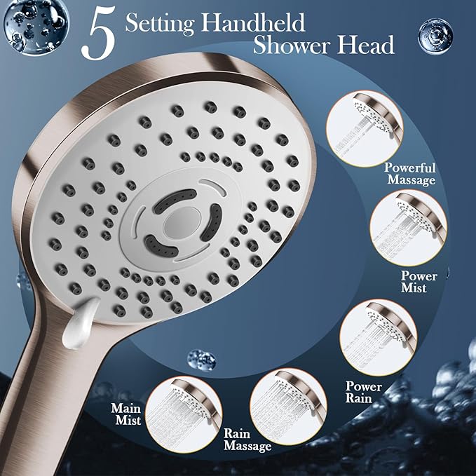 12'' Rain Shower Head Combo, High Pressure Rainfall Shower Head with 16'' Flexible Height/Angle Adjustable Extension Arm, 5 Setting Spray Hand held Shower Head, Nickel