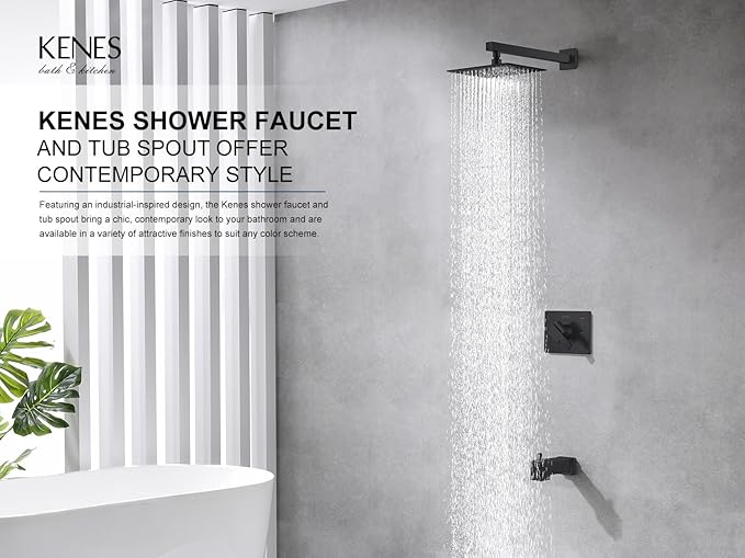 KENES Matte Black Tub Shower Faucet Set Complete with 10-Inch Rainfall Shower Head and Tub Spout, Square Tub and Shower Trim Kit, KE-6024A-2 (Shower Valve Included)