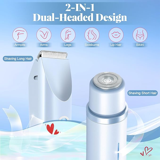 Bikini Trimmer for Women, 2-in-1 Painless Electric Razor with Ceramic Blade, Cordless for Sensitive Skin, Waterproof Dual Head Shaver Women for Facial and Body (Blue)