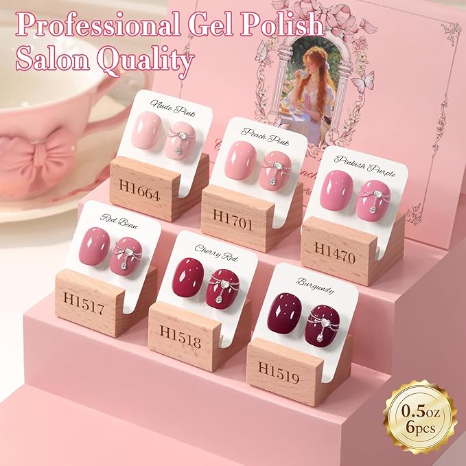 Double Rhythm 6 Pcs Hema Free Gel Polish Set 0.50 OZ Same Color Same Bottle Soak Off Neutral Natural Milky Gel Polish Kit Nail Art Manicure Salon DIY (Nude Pink Rose Burgundy-H6-3)