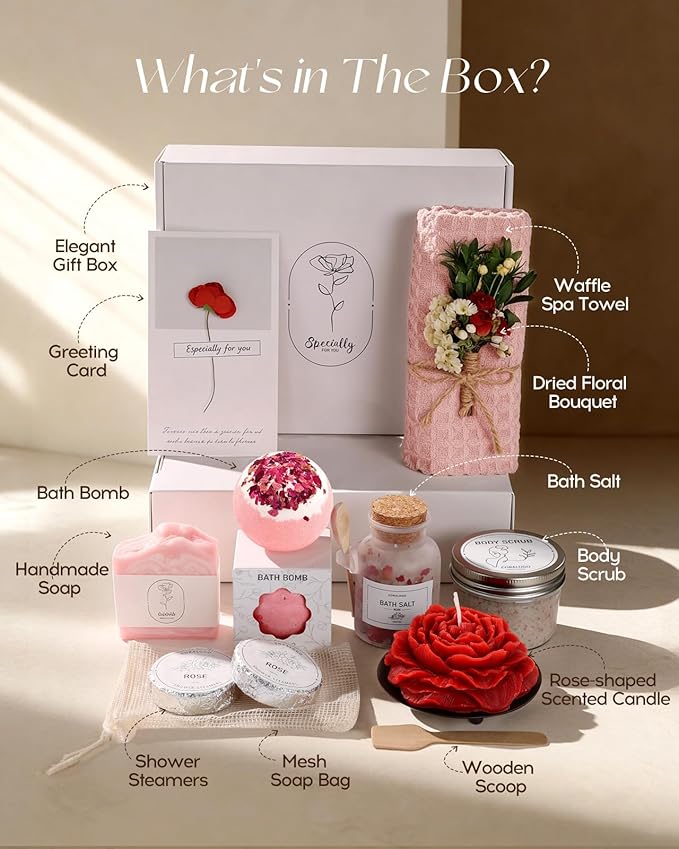 Coralogo Rose Spa Gifts for Women - 12pc Self-care Spa Gift Basket with Scented Candle, Bath Salt, Greeting Card - Thinking of You Basket for Her Birthday, Christmas, Mother's Day, Valentine's Day