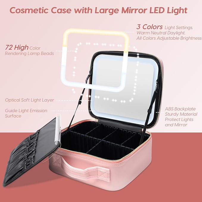 Gdsshuhung Makeup Bag with Mirror | Partitionable Professional Makeup Organizer | Large Travel Makeup Bag for Women | Cosmetic Case for Daily & On-the-Go Use (Pink)