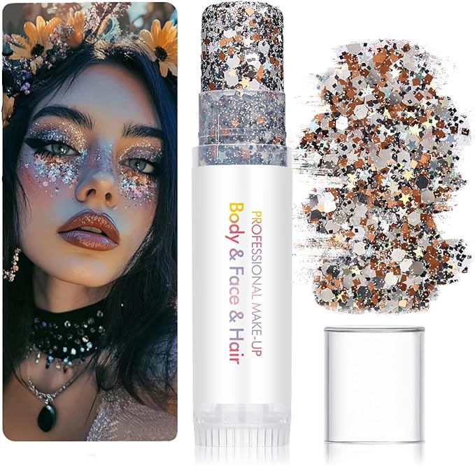 Body Glitter Stick for Face, Body & Hair - Red & Silver/Brown Chunky Sparkle Glitter, 2 Pack | Long Lasting Party Makeup for Festival, Rave, Concert & Cosplay