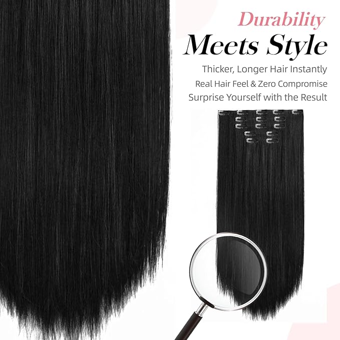 Natural Black Hair Extension Clips 26 Inch Long Invisible Straight Thick Synthetic Clip in Extensions Ins 5PCS Easy Installation Fake Soft Hairpieces for Women Weddings Party Daily Use 8.1 Oz