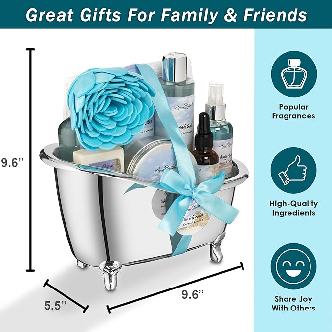 Spa Gift Baskets For Women - Luxury Bath Set With Ocean & Coconut - Spa Kit Includes Body Wash, Bubble Bath, Lotion, Body Butter, Soap, Body Spray, Shower Puff, and Towel