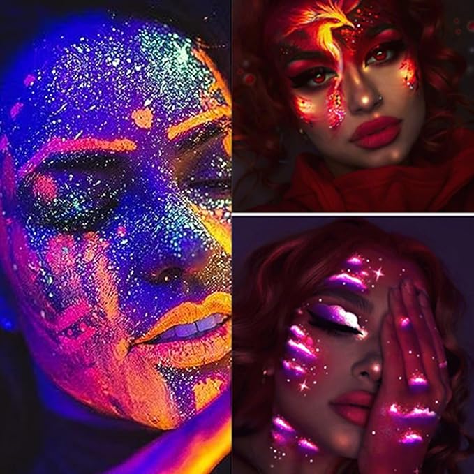 Go Ho UV Blacklight Neon Yellow Face Body Paint,Water Based Bright Color Neon Fluorescent Body Paint with Cushion Applicator,Glow In The Dark Under UV Lighting Party Halloween Makeup Washable