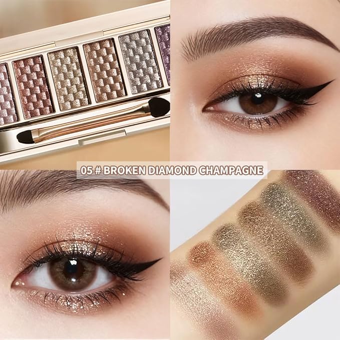 6 Color Shimmer Eyeshadow Palette with Mirror & Brush, Neutral Metallic Glitter Eye Shadow, High Pigmented Long Lasting Pressed Powder for Daily Makeup & Travel，Paleta de Sombras