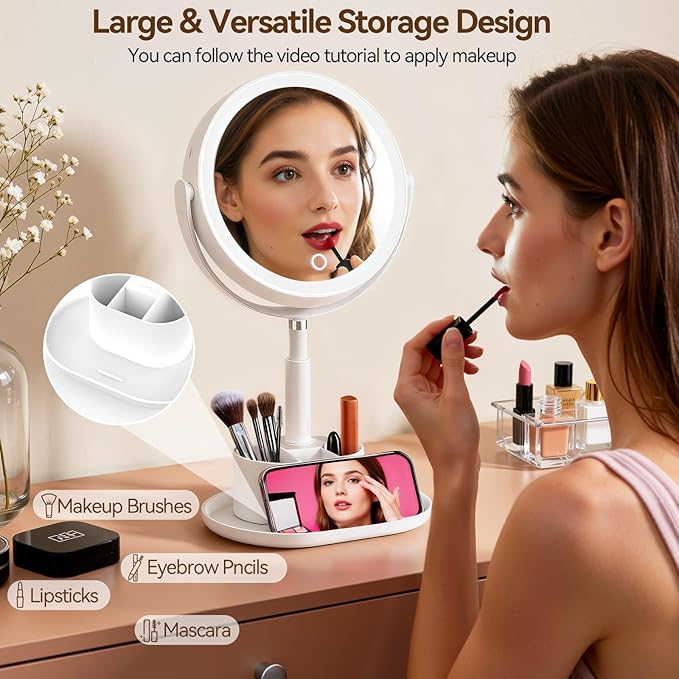Shinowa Makeup Mirror with Lights, 1X/20X Lighted Makeup Mirror with Storage for Makeup & Jewelry, 2-Sided Height Adjustable Magnifying Mirror with 3 Color Lights, 360° Rotation & Rechargeable, White