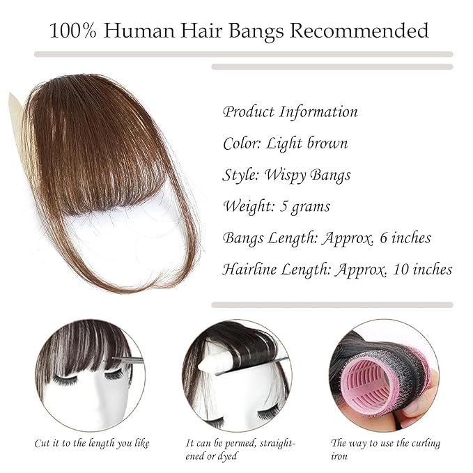 Clip-In Wispy Bangs with Temples -100% Human Hair Bangs Extension for Women, Natural Looking Front Hairpiece for Daily Wear, Light Brown