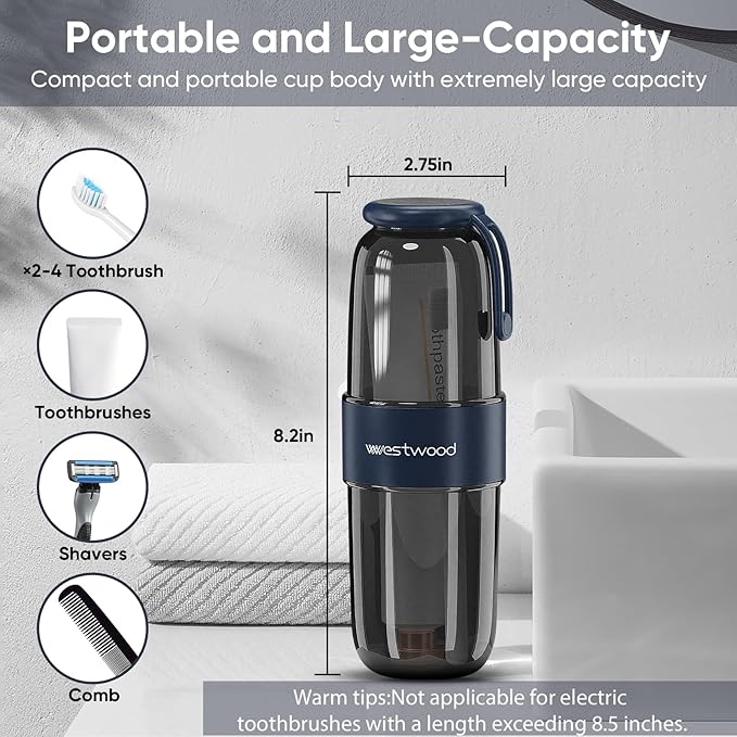 Westwood Travel Toothbrush Case Travel Toothbrush Holder with Cup, Large Toothbrush Container for Toothbrush Toothpaste Razor, Portable Toothbrush Holder with Cover for Home Business School (Black)