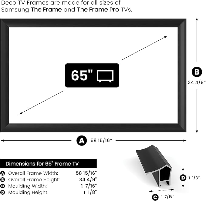 Anodized Black Prismatic 65" Alloy Deco TV Frame - Compatible ONLY with Samsung The Frame TV and Pro TVs (Fits 2021-2025, LS03A, LS03B,LS03C,LS03D,LS03FA,LS03FW)