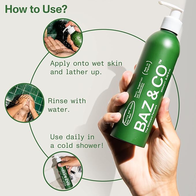 BAZ & CO Mens Moisturizing Body Wash - Restore and Awaken Body Wash for Men 8.45 Fl Oz with Basil, Grapefruit and Spearmint