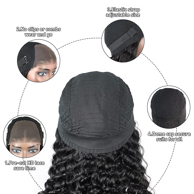 Wear and Go Glueless Wig Deep Wave, Glueless Wigs Human Hair Pre Plucked Pre Cut, 6x4 SKINLIKE Real HD Lace Front Closure Ready to Wear Wig Loose Curl 200% Density 22 inch