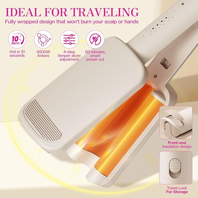 Waver Curling Iron Hair Crimper 1.25 Inch Crimper Hairs Tool with Ceramic 3 Barrel Ionic Deep Hair Waver for Women Hairs Curler for Long & Short, Easy to Use, Dual Voltage, Anti-Scald (White)
