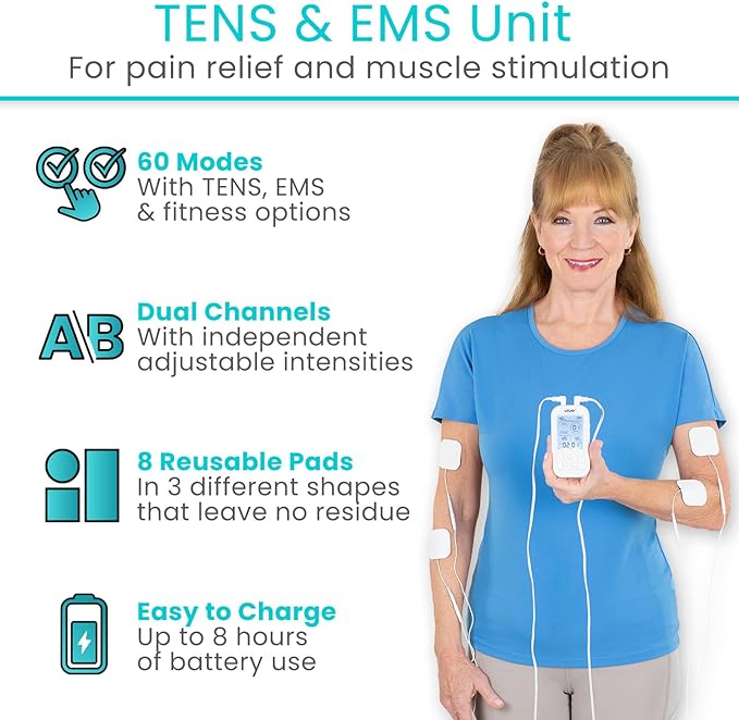 Vive Stim Machine for Muscle Recovery - 60 Mode Tens Unit Stimulator for Pain Relief Therapy - EMS w/Electrodes for Period Cramps, Physical Therapy - Stimulation Device, Tense Relaxer for Back Pain