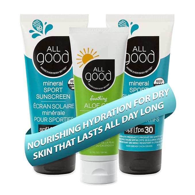 All Good Sport Mineral Sunscreen & Aloe Gel Bundle - UVA/UVB Broad Spectrum SPF 30+, Water Resistant - Includes (2) SPF 30 Sport Sunscreen and (1) Aloe Gel