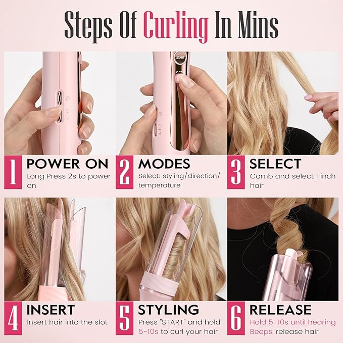 Zavarea Automatic Rotating Curling Iron for Long Hair - 1 Inch Curling Wand for Beach Waves & Loose Curls, Easy Hair Curler for Beginners, Anti-Scald & Frizz-Free, Dual Voltage for Travel