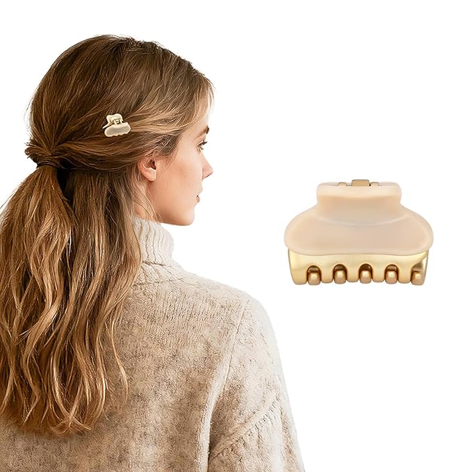 1.2" Mini Claw Clips for Women Girls - Minimalist Double-Layer 18K Gold Painted Hair Clips for Thin Short Hair, Small Non-Slip Luxury Hair Accessories for Daily Face Wash & Makeup, Beige