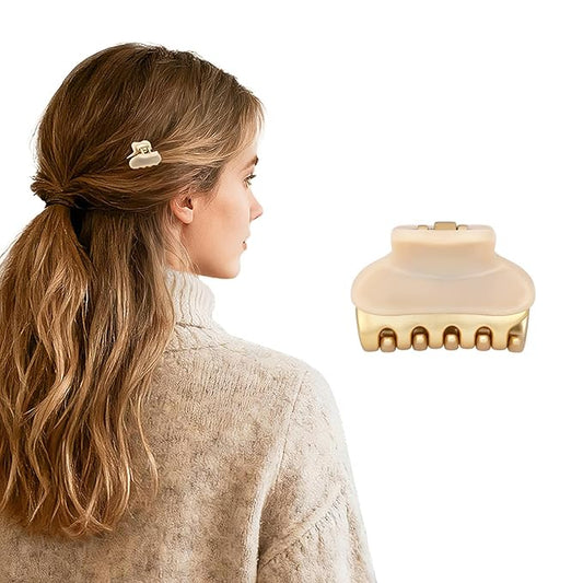 1.2" Mini Claw Clips for Women Girls - Minimalist Double-Layer 18K Gold Painted Hair Clips for Thin Short Hair, Small Non-Slip Luxury Hair Accessories for Daily Face Wash & Makeup, Beige