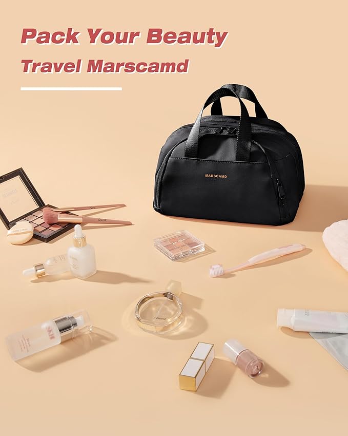 Marscamd Travel Toiletry Bag for Women, Waterproof Makeup & Cosmetic Organizer with Leakproof Pockets for Bathroom or Vanity Use, Black