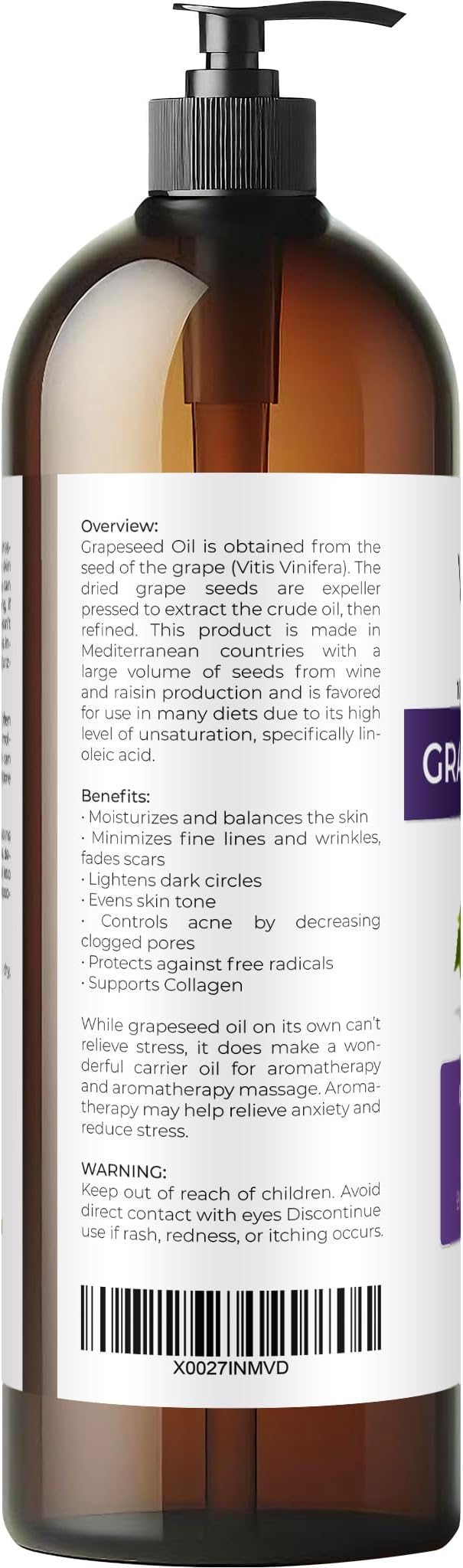 Grapeseed Oil by Velona - 32 fl oz | 100% Pure and Natural Carrier Oil | Refined, Cold Pressed | Cooking, Skin, Face, Body, Hair Care | Use Today - Enjoy Results