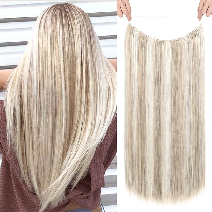REECHO Invisible Wire Hair Extensions with Transparent Headband Adjustable Size Removable Secure Clips in Straight Secret Hairpiece for Women (24 Inch (Pack of 1), Ash Brown with Platium Highlights)