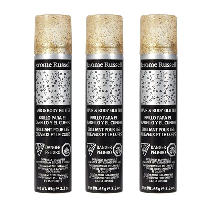 Jerome Russell Temporary Hair and Body Glitter Color Spray, Travel Spray, Lightweight, Adds Sparkly Shimmery Glow, Perfect to use On Hair, Skin, or Clothing, 2.2 oz - Glitter GOLD x 3 Pack