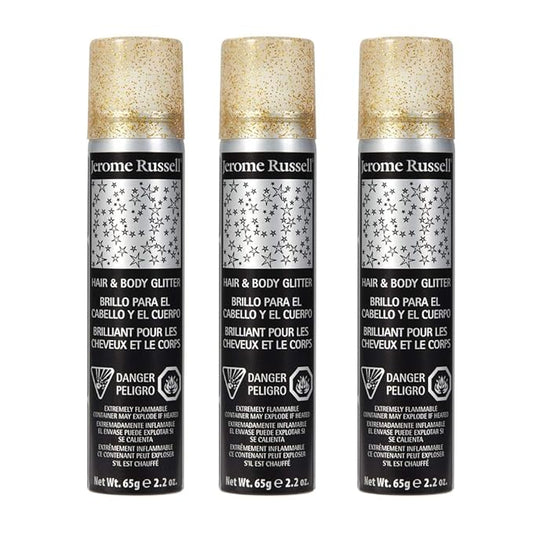 Jerome Russell Temporary Hair and Body Glitter Color Spray, Travel Spray, Lightweight, Adds Sparkly Shimmery Glow, Perfect to use On Hair, Skin, or Clothing, 2.2 oz - Glitter GOLD x 3 Pack