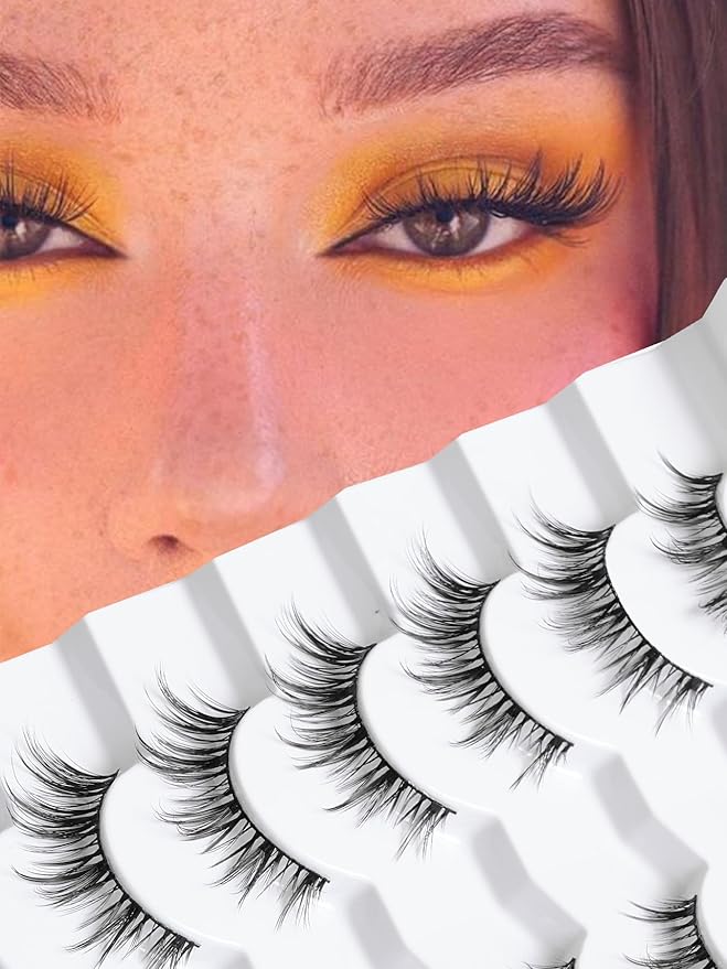 Manga Lashes Wispy False Eyelashes Natural Look 14mm Cat Eyelashes Anime Lashes 0.1mm Thin Band Manhua Lash Strips 3D Volume Strip Lash Pack C Curl Eyelash 7 Pair Siligli