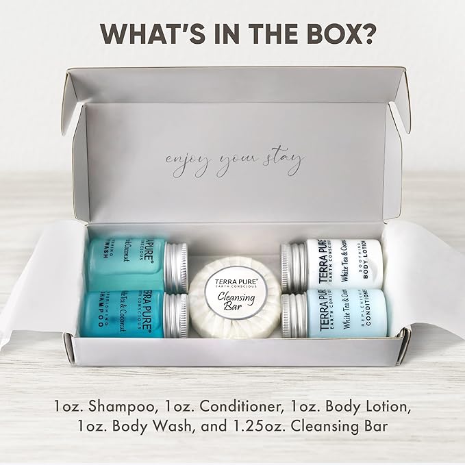 Terra Pure White Tea & Coconut Amenity Kit | Hotel Bulk Toiletries | 1 oz Shampoo, Conditioner, Lotion, Body Wash, Cleansing Bar for Guest Hospitality Vacation Rentals | 1 Set/Case