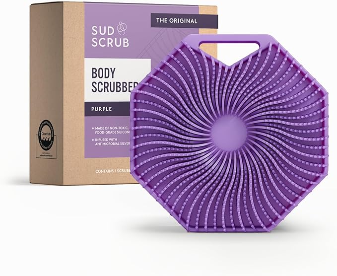 Sud Scrub® Antimicrobial Silicone Body Scrubber, Exfoliating Body Scrubber for Sensitive Skin, Eco Friendly Shower Scrubber for Body, Silicone Body Brush for Showering, Purple
