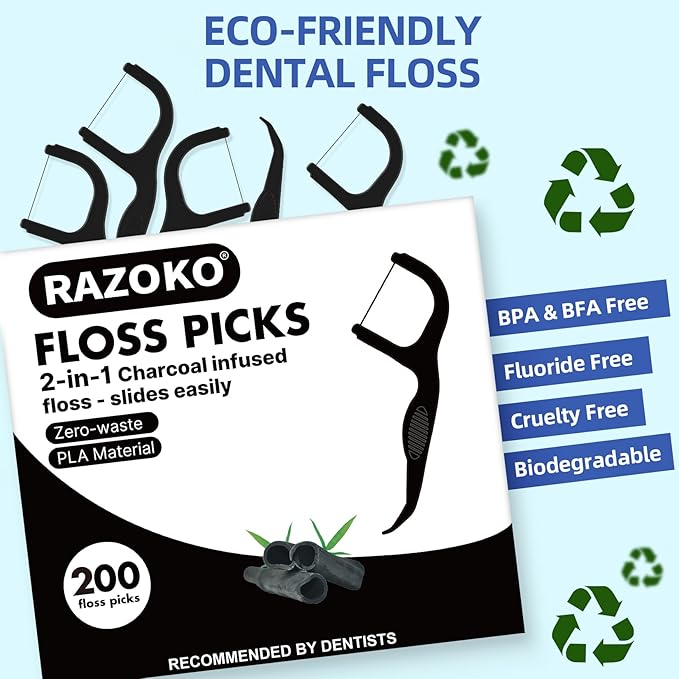 Natural Dental Floss Picks High Toughness Charcoal Toothpicks Sticks-Vegan,Eco-Friendly Sustainable Flossers for Teeth Cleaning (200 Count)