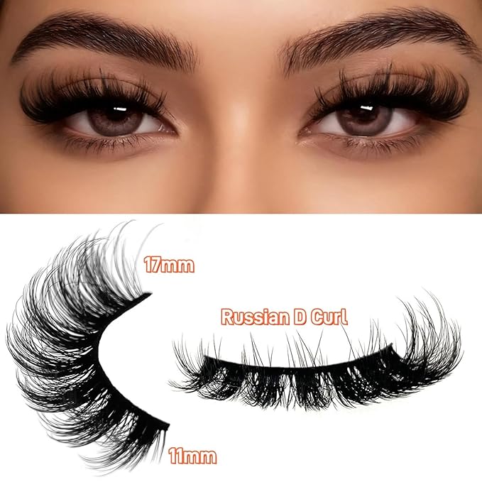 Eyelashes Wispy Lashes Strips - Russian D Curl Strip lashes, 3D Volume Mink Eyelash for Dramatic Look, 7-Pairs Fluffy False Eyelashes