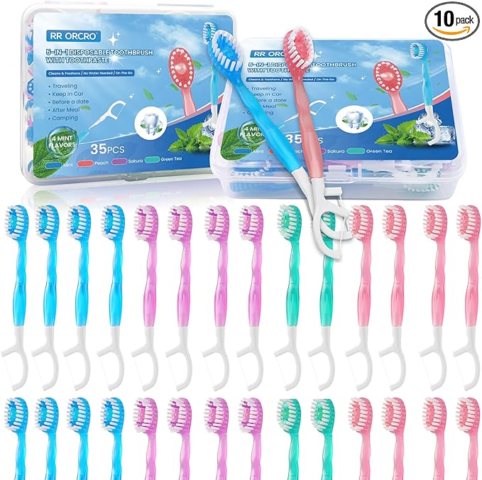 70Pack Mini Disposable Toothbrushes with Toothpaste Tongue Scraper Floss Pick 5-in-1 Single Use Portable Travel Toothbrush Individually Wrapped Box Small Prepasted Travel Toothbrush for Kids Adult ﻿