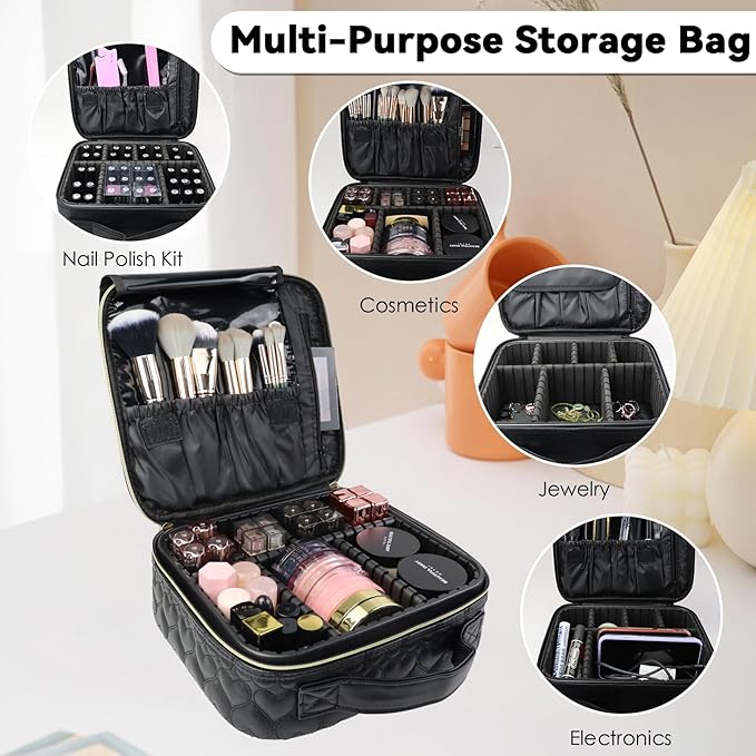 SLUMAZI Travel Makeup Bag Makeup Cosmetic Train Case Organizer Portable Storage Bag with Adjustable Dividers for Cosmetics Makeup Brushes Toiletry Jewelry Heart Pattern
