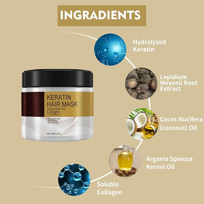 Collagen Hair Mask for Damaged Hair - Deep Repair Conditioning Argan Oil Treatment for Curly or Straight Thin Fine Hair 100ml