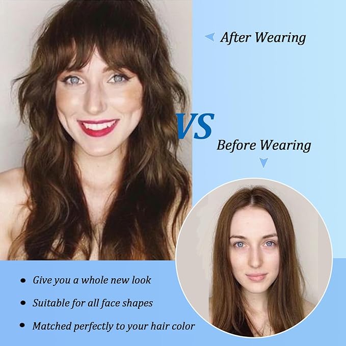 Clip on Wispy Bangs-Real Human Hair Clip in Bangs Hairpieces Brown Black Fake Air Bangs Fringe with Temples Bangs Hair Clip Extensions