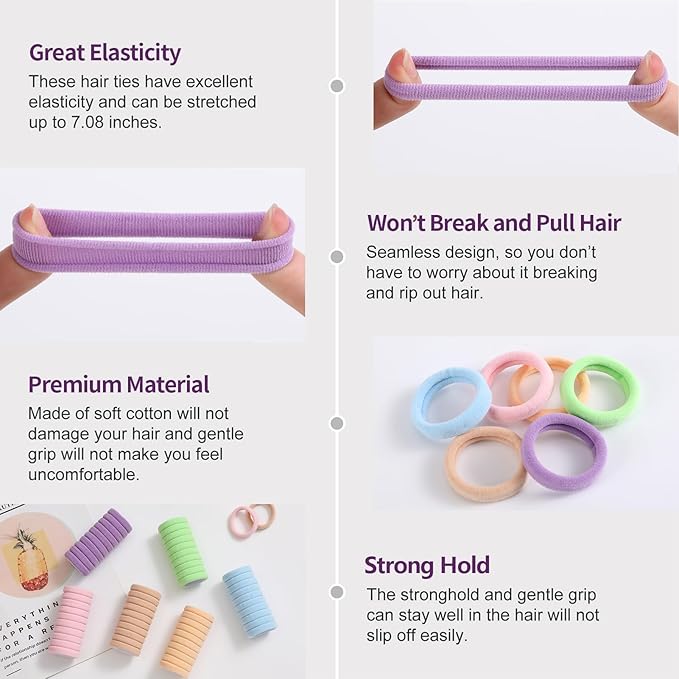 100 Pcs Thick Seamless Hair Ties, Ponytail Holders Hair Accessories No Damage for Thick Hair Valentine's Day Gift(Candy Colors)