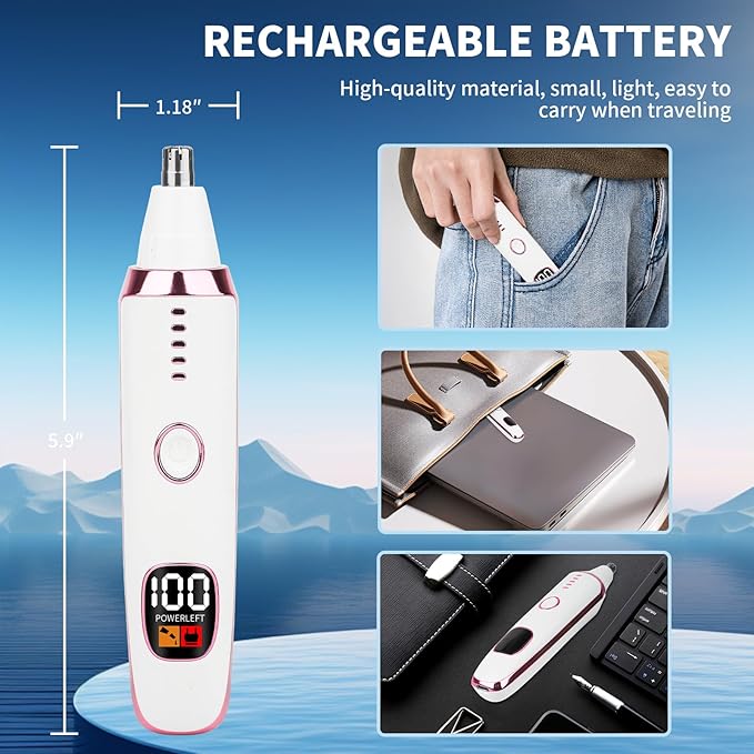 2025 Rechargeable Nose and Ear Hair Trimmer With LED Dispaly for Women Men,4 in 1 Painless Eyebrow & Facial Hair Trimmer with Powerful Motor,Ladies Wet & Dry Electric Razor for Travel (Pink)