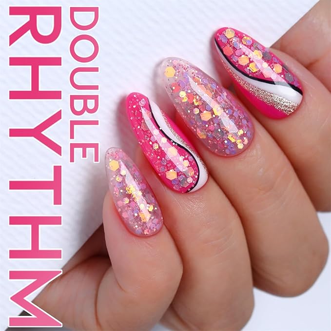 Double Rhythm 15ML Glitter Gel Polish Shimmer Reflective Holographic Color Magnetic for Nail Art Salon DIY at Home (B1086-Pink Passion)