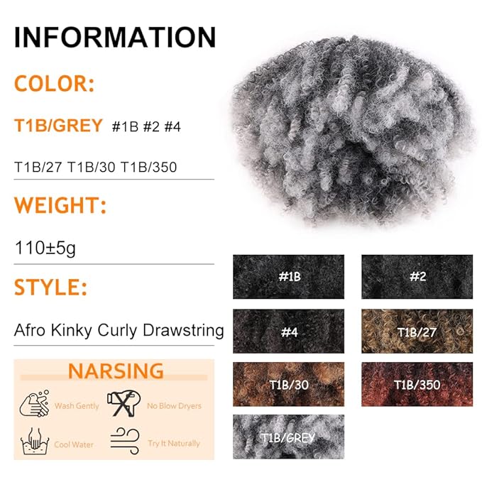 Drawstring Ponytail Afro Kinky Curly Ponytail for Black Women Short Wave Synthetic Ponytail Hair Extension (T1B/Grey,Ombre Grey)