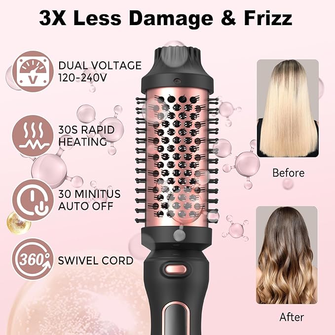 3 in 1 Thermal Brush Set, Heated Round Brush Detachable Head for Blowout Look, Curling Iron Dual Voltage 110-220V for Travel, Ionic Outlet Volumizing Round Comb Lightweight