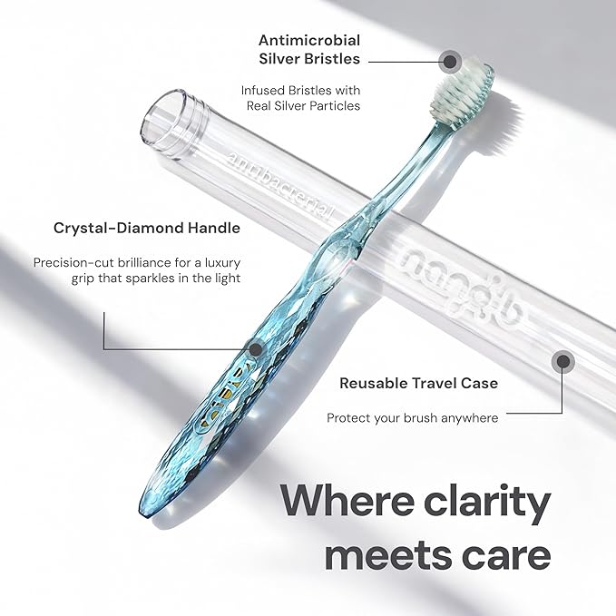 Nano-b Manual Toothbrush Set for Adults with Sensitive Gums, Silver Soft/Medium Bristles, Travel Cases, Blue, Pink, Green, Crystal, 4-Pack