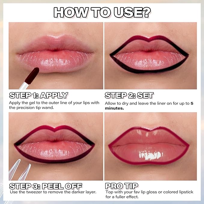 Cilrofelr Peel Off Lip Liner Stain, Long Wear Tattoo Lip Liner with Tweezer, Peel Off Lip Stain with Matte Finish, Long Lasting, Waterproof, Transfer-proof, Highly Pigmented Color (Berry)