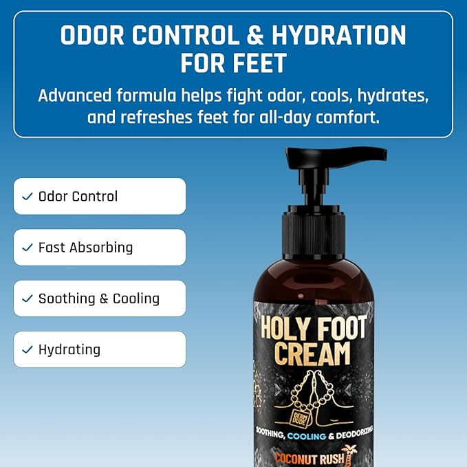 Derm Dude Holy Foot Cream | Daily Moisturizing Foot Cream with DeoPlex for Freshness & Arrowroot for Lightweight Hydration | Coconut Rush Scent 4oz