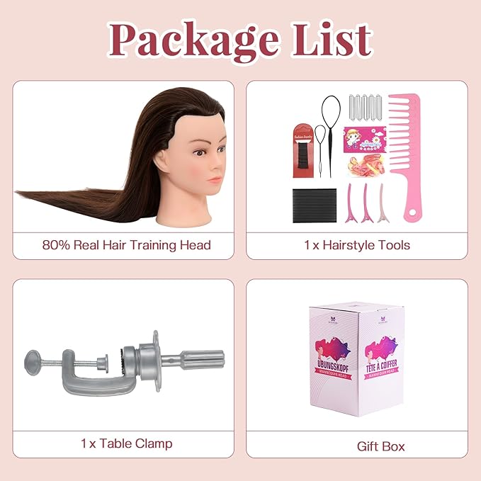 28Inch Mannequin Head Human Hair 60% Real Hair - Mannequin Head Cosmetology with Hair Doll head for hair Styling Braiding Curling, with Table Clamp Styling Set (Dark Brown)