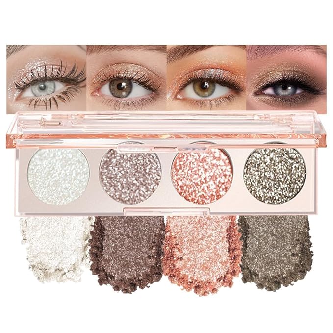Shiny Shimmer Highlight Eyeshadow Palette, Cream Sparkling Glitter Metallic Powder Quad, Day to Night Champange Gold Silver Brown White Smoky sombras de ojos, Party Cosmetics (Cowherd-Shimmer-01#)