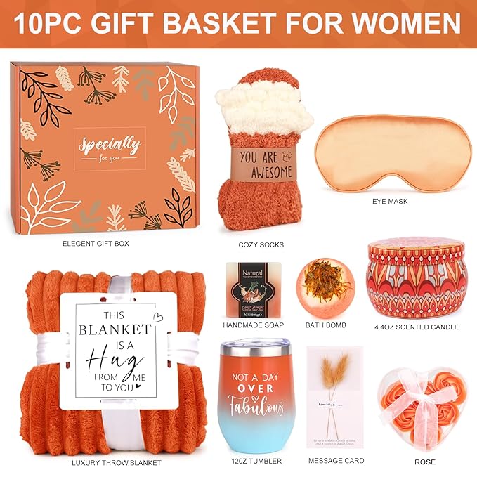 Valentines Day Gifts Basket for Her Wife,Orange Birthday Gifts for Mom Women Her Girlfriend Coworker w/Fall Cozy Socks&Blanket,Autumn Self Care Package Bath Set,Birthday,Valentines Gifts Box for Women