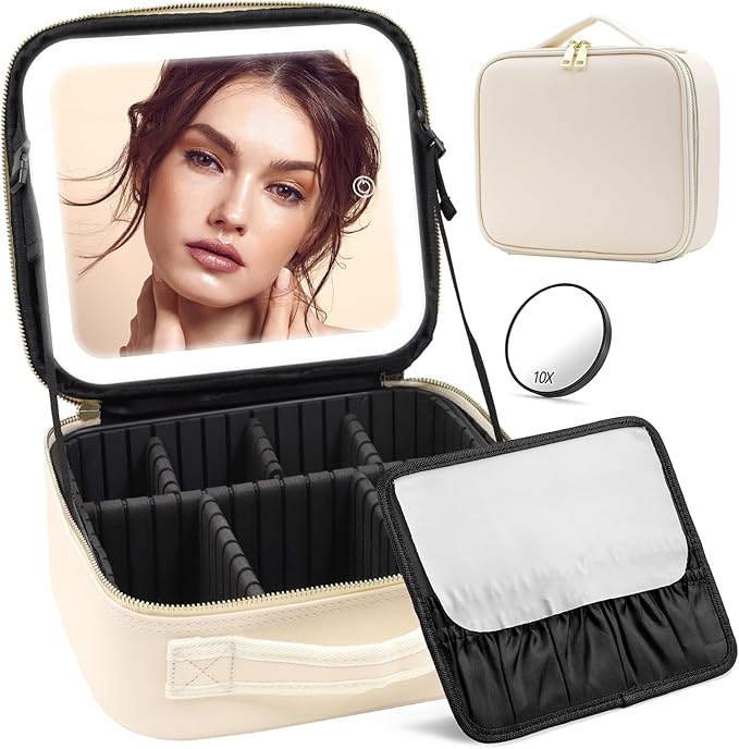 Jadazror Portable Travel Makeup Bag with Lighted Mirror, 3 Color Brightness, Beige